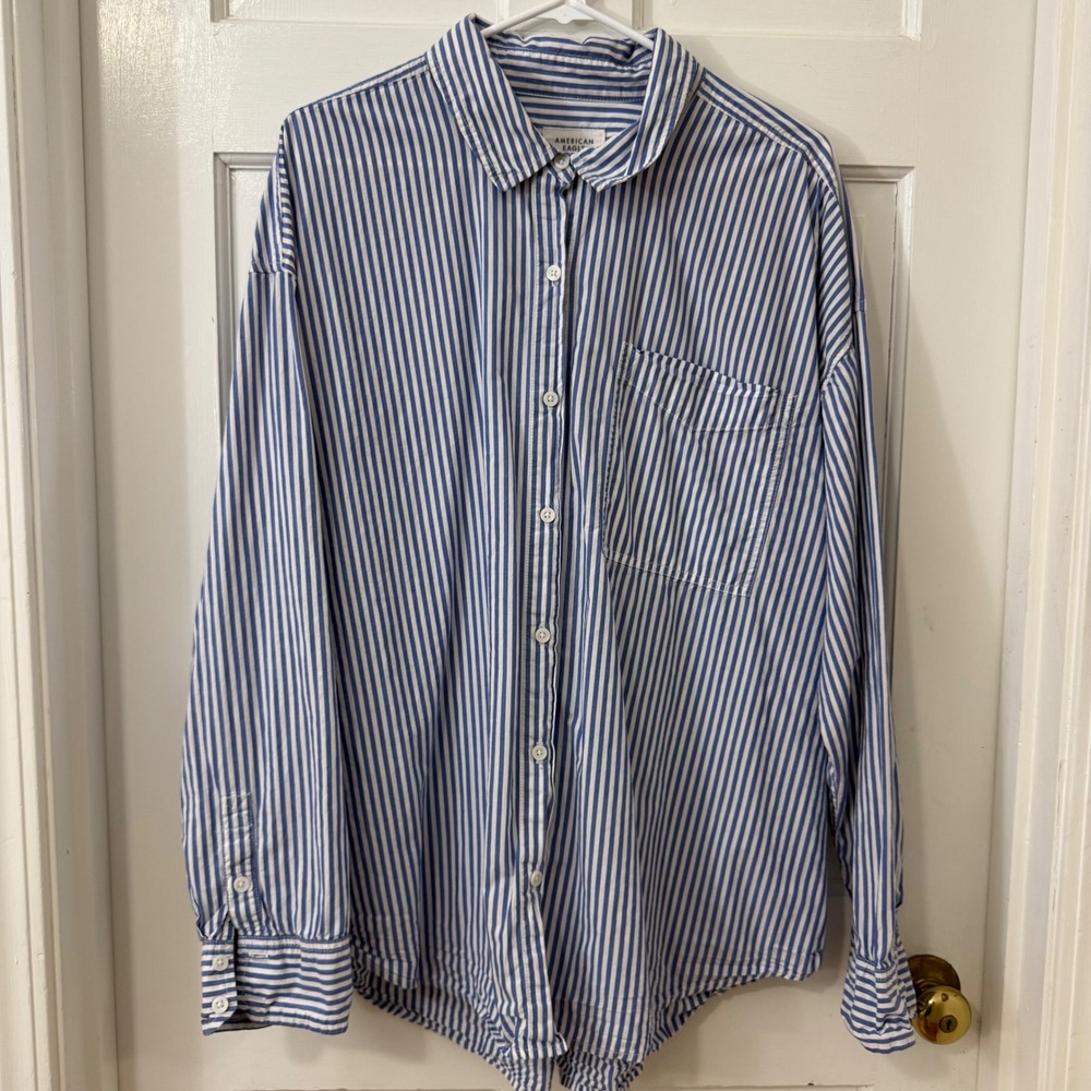 American Eagle Oversize Button Down Shirt Womens XL Blue Striped Preppy Coastal
